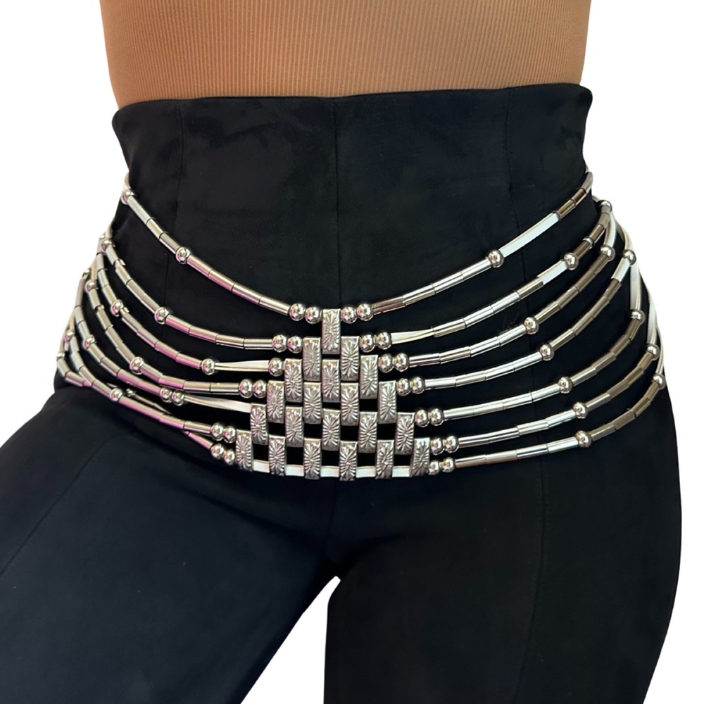 Vintage White Leather Silver Etched Bead Multiple Strand Belt Boho Hip Chain